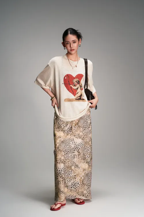 杨九七 夏季美式复古辣妹中长半裙裙豹纹印花H型高腰长裙女 7643