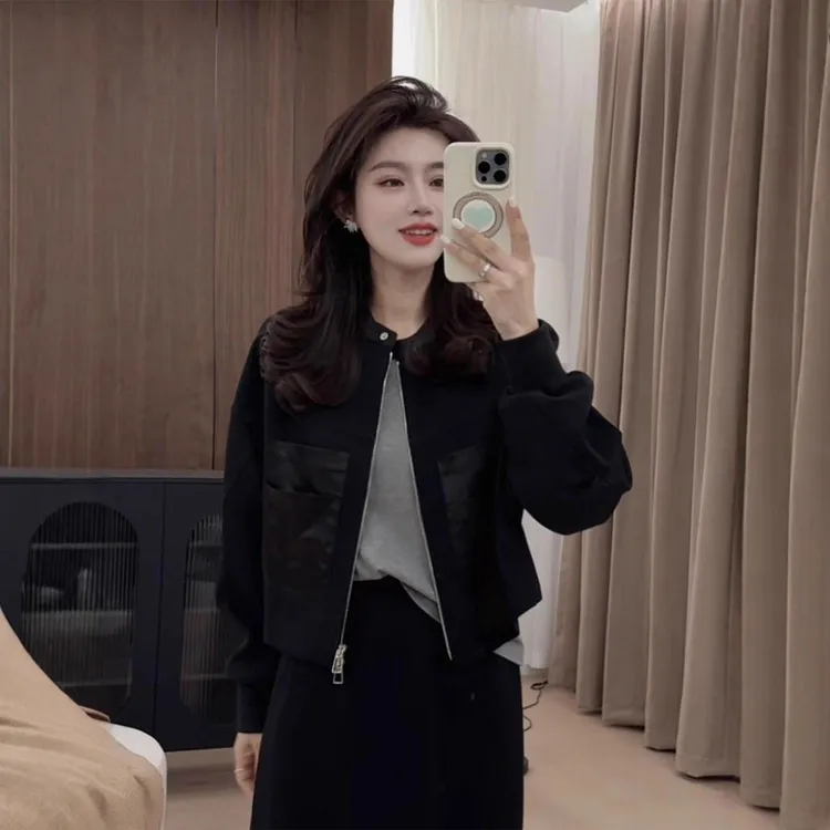 女秋季插肩袖拼接短款圆领短外套春秋百搭宽松女士