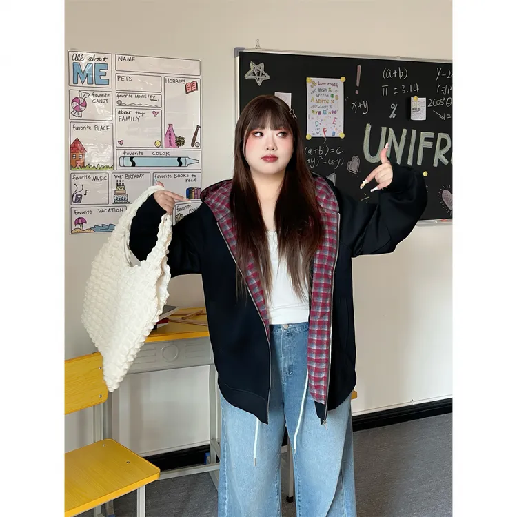 大码女装秋季花契200斤韩系复古格子撞色款空气层连帽卫衣4346-C
