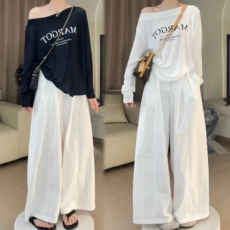 2025夏季韩系百搭宽松简约斜肩防晒上衣时尚洋气直筒阔腿裤套装女