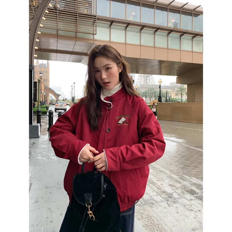 刺绣毛毛美式风外套女秋冬2025新款宽松加厚小个子夹棉保暖上衣