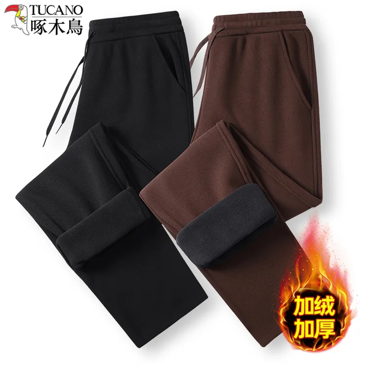 啄木鸟秋冬加绒保暖休闲裤双面绒德绒高腰直筒长裤爸爸外穿防风裤
