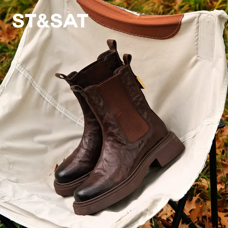 星期六秋季复古美拉德风靴子时尚气质弹力靴百搭气质女神范烟筒靴