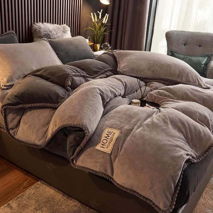 水星新家纺轻奢风北欧牛奶绒四件套双面珊瑚绒加厚床上用品被套法