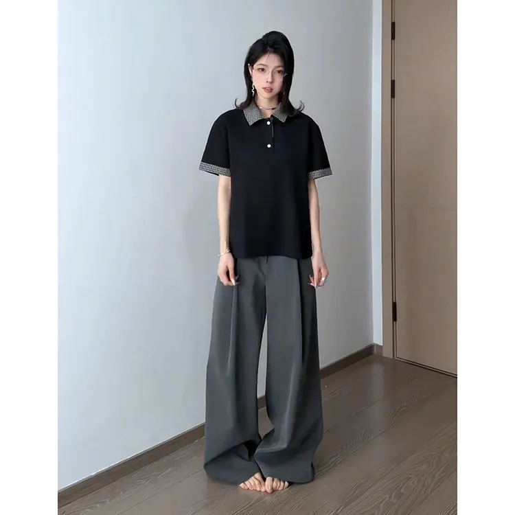 MANUSCRIPT假两件格纹Polo 高智感miu系T恤干练版型短袖上衣男女