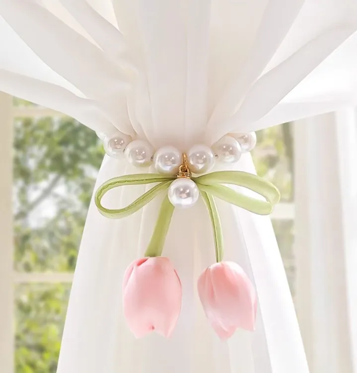 高级感珍珠磁吸窗帘扣环绑带郁金香花朵家居装饰白纱帘点缀捆束带