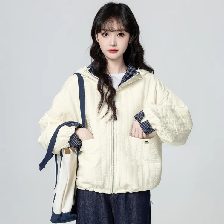 撞色连帽棉服外套女款秋冬2025冬季新款保暖加厚夹棉宽松棉衣上衣