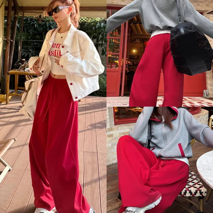 高腰抽绳加绒加厚阔腿休闲裤女2025冬新款韩版宽松弯刀裤运动卫裤