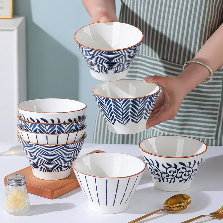 【四色各二】5英寸日式斗笠碗米饭碗高脚防烫家用复古简约釉下彩
