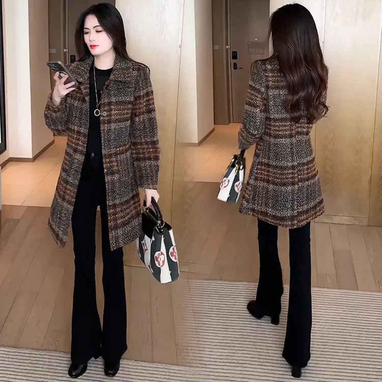 加厚格子毛呢外套女2025冬季新款洋气显瘦修身中长款保暖呢子大衣