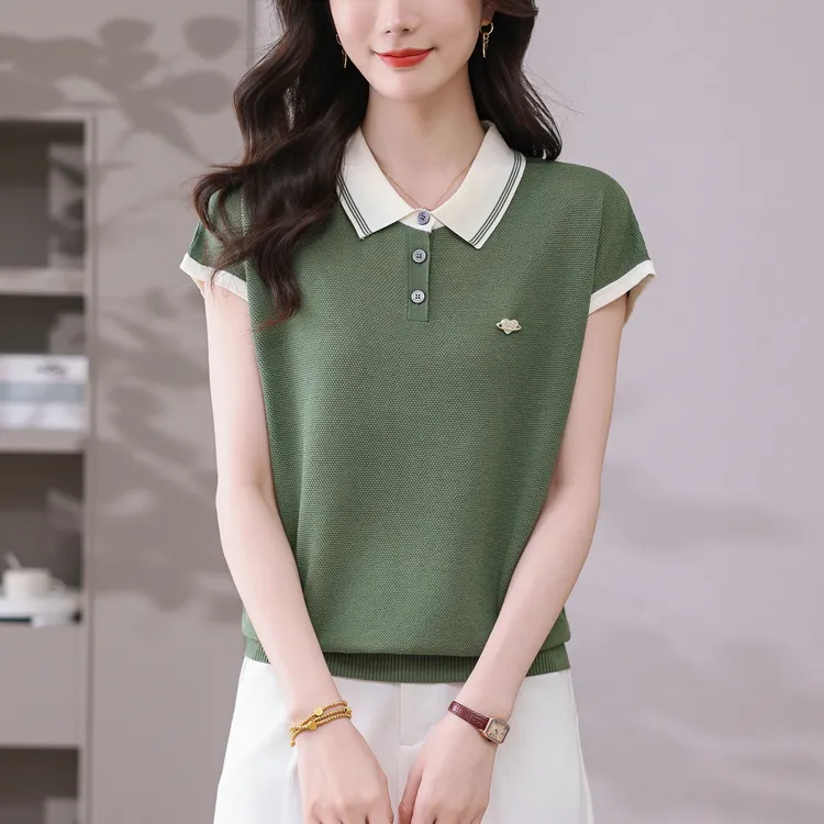 夏季时尚气质POLO领短袖针织T恤女宽松洋气时尚薄款显瘦减龄上衣