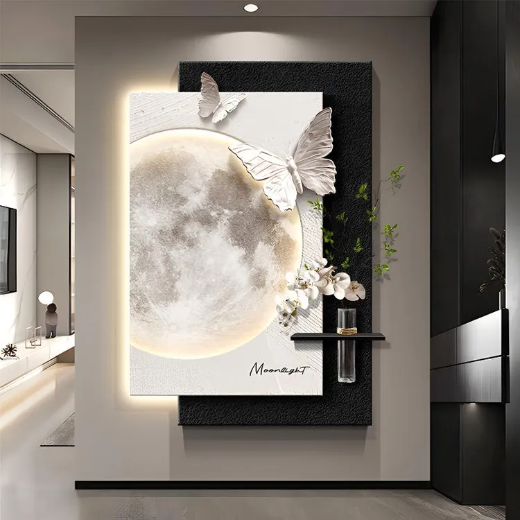 现代轻奢高级感玄关装饰画月球立体砂岩挂画过道走廊壁画2025新款