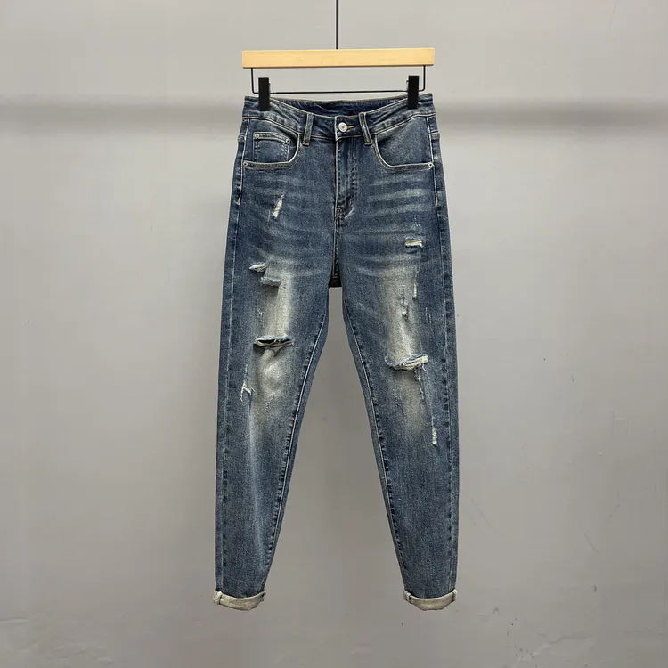 DeweLvum新款水洗直筒时尚微弹休闲百搭破洞牛仔裤男修身小脚长裤