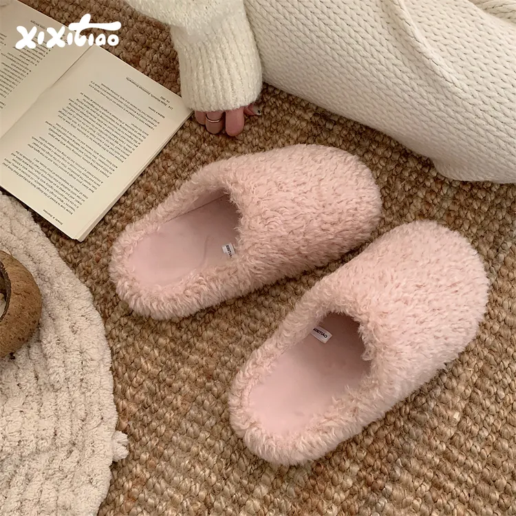 细细条 冬季ins简约小卷毛棉拖鞋女防滑足弓支撑保暖高级感毛毛鞋