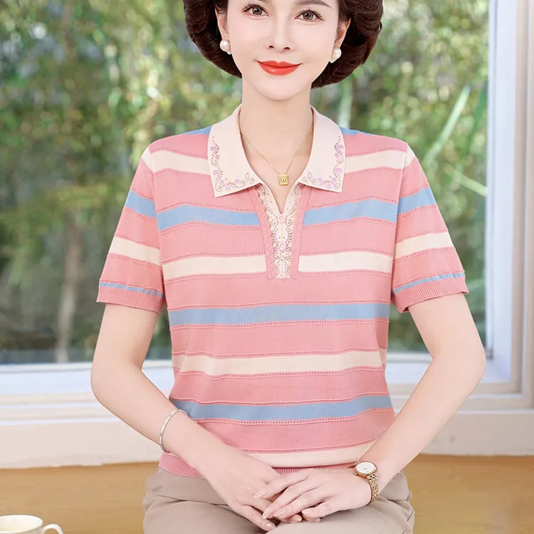 2025新款妈妈夏装短袖T恤中老年女拼色针织小衫翻领洋气冰丝上衣