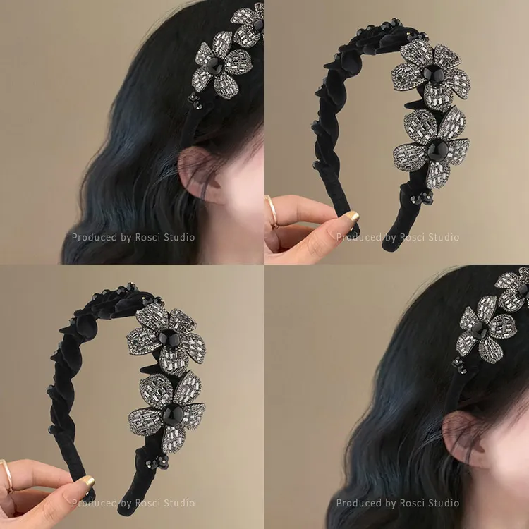 韩系高级感轻奢水钻花朵发箍女2025新款高颅顶头箍丝绒压发卡发捆