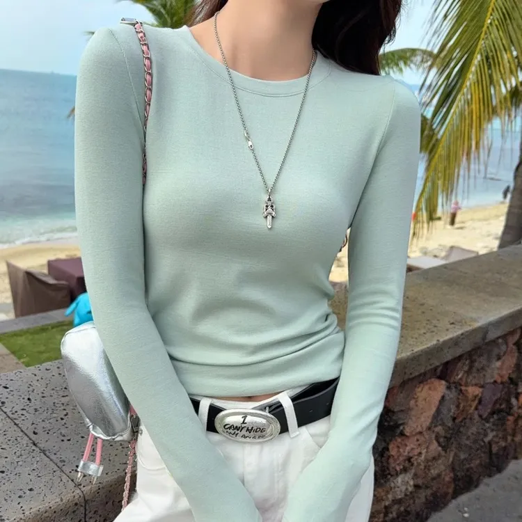 绿色圆领莫代尔长袖T恤女2025早春季新款美式上衣修身内搭打底衫