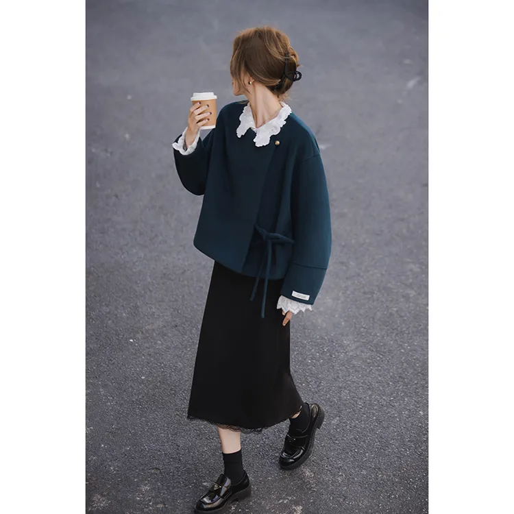 小谷粒孔雀蓝大衣单面呢 斜门襟+本布系带 奢美优雅