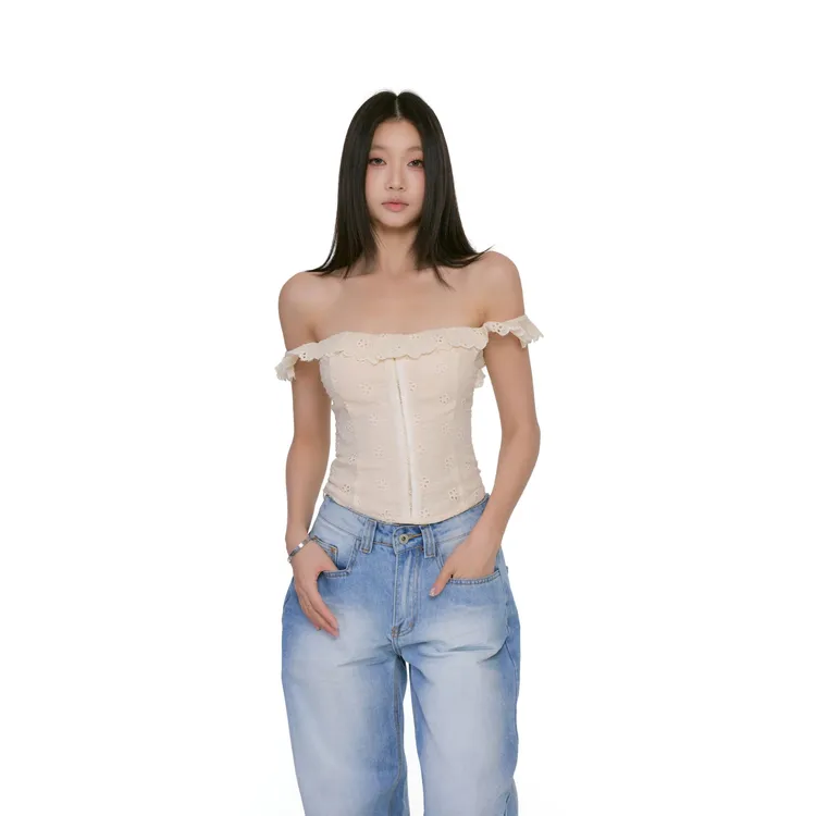 withmin凉皮 辣系穿搭 花边一字肩收腰修身小众吊带上衣2523515