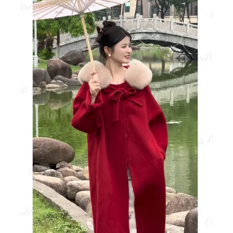 新中式国风红色连帽毛呢大衣女2024秋冬新款毛领气质新款