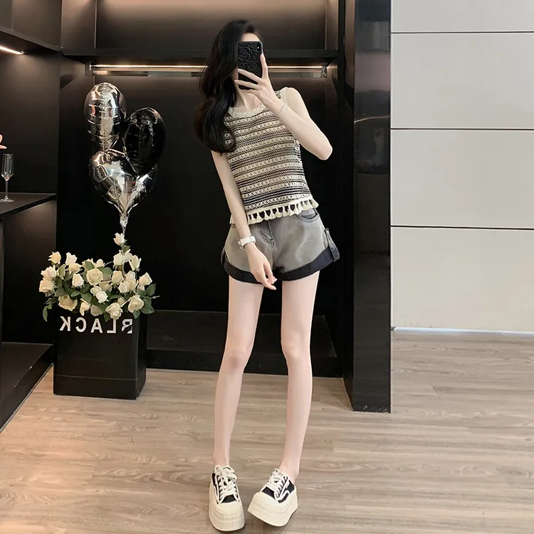 巨好看的小香风休闲运动套装女夏季减龄小个子背心牛仔短裤两件套