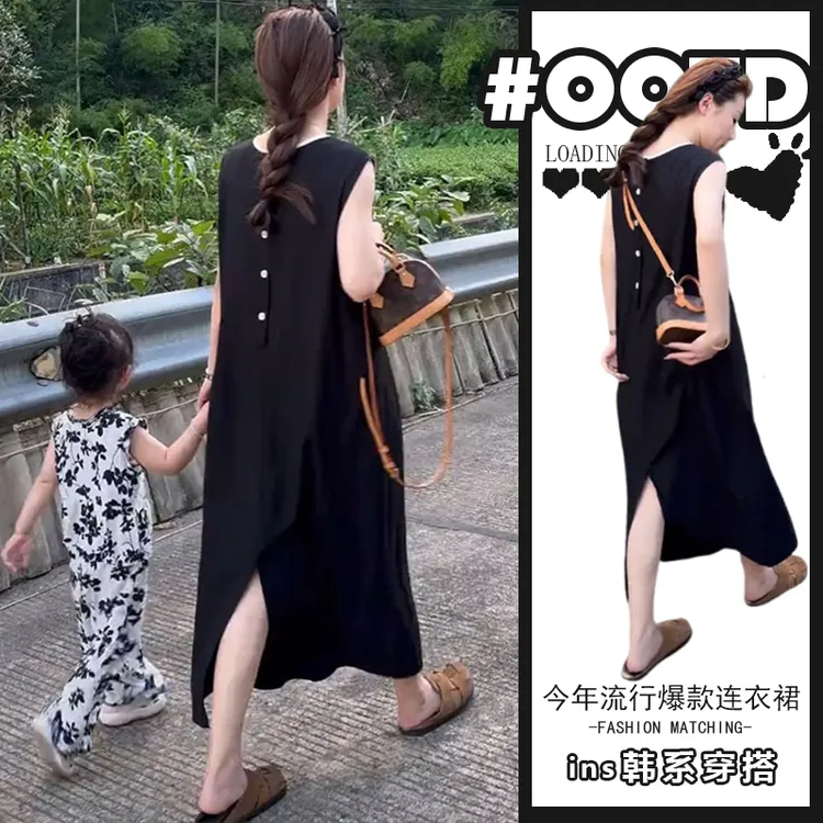 法式高级感背扣开叉无袖连衣裙女装夏季2025新款气质宽松中长裙子