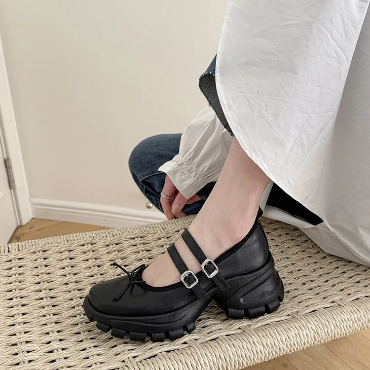 手工女鞋~7cm百搭高跟蝴蝶结羊皮玛丽珍鞋2025春秋季休闲粗跟单鞋