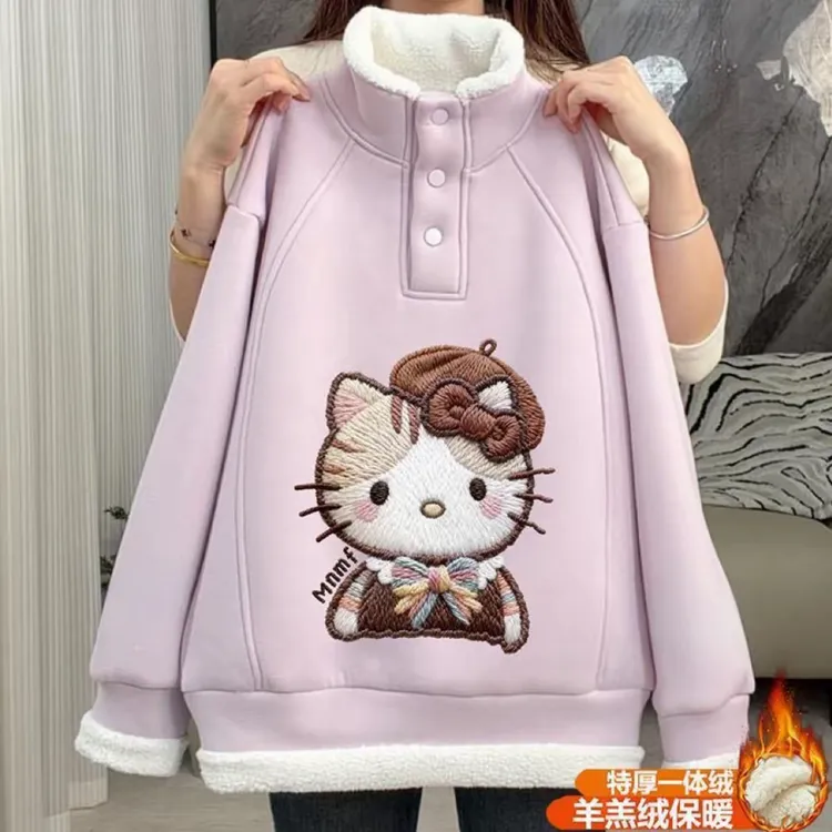 冬季卡通印花保暖女童长袖上衣2025新款特厚羊羔绒百搭立领卫衣潮