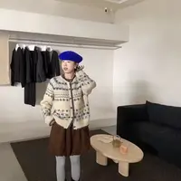 灰灰呀！费尔岛 韩系设计提花撞色单排扣显瘦百搭宽松毛衣针织开衫
