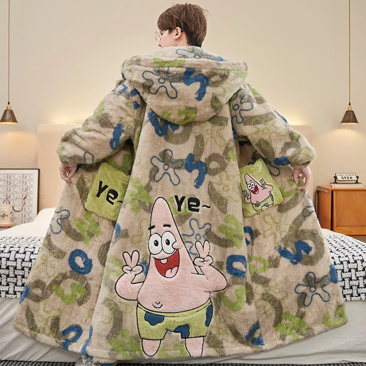 男士睡衣秋冬款珊瑚绒保暖睡袍加绒加厚青少年冬款大码家居服套装