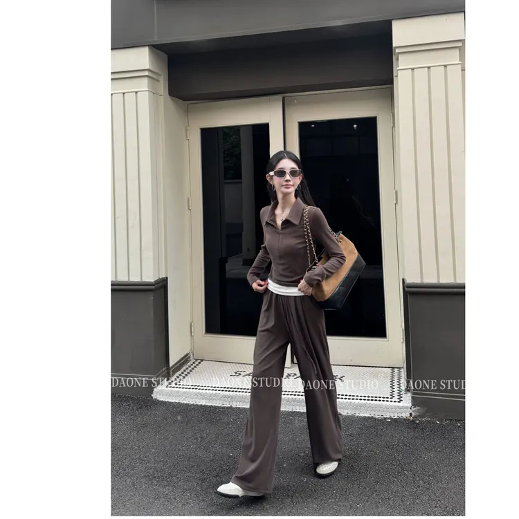 DAONE  【慵懒休闲美学】 假两件polo领直直筒阔腿长裤两件套
