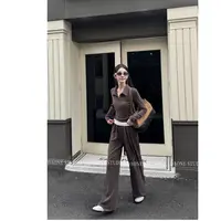 DAONE  【慵懒休闲美学】 假两件polo领直直筒阔腿长裤两件套