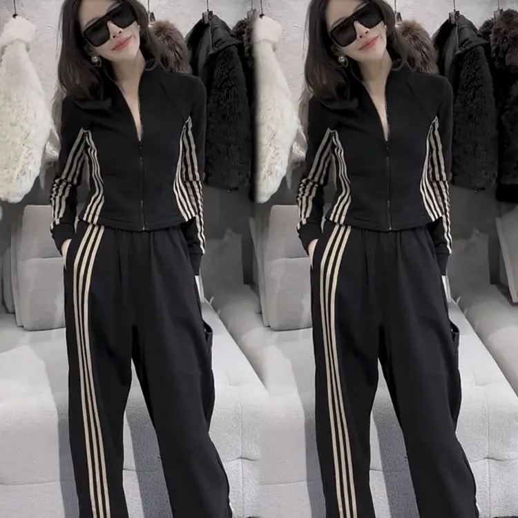 欧货休闲运动套装女2025春秋新款时尚显瘦拼接条纹卫衣长裤两件套