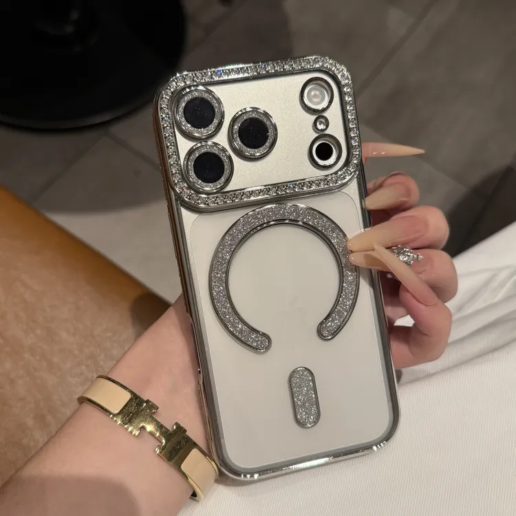 轻奢闪粉钻磁吸适用iphone17promax手机壳苹果16透明15带镜头膜14