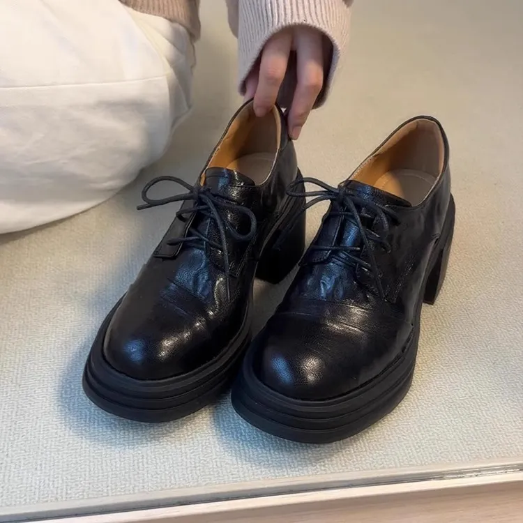 羊皮版~厚底百搭小皮鞋女复古黑色真皮小个子粗跟单鞋高跟乐福鞋