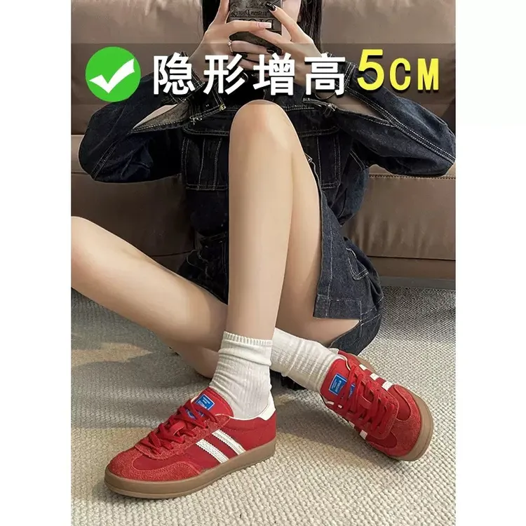 真皮复古红色德训鞋女2025夏季新款网面透气百搭平底运动休闲板鞋