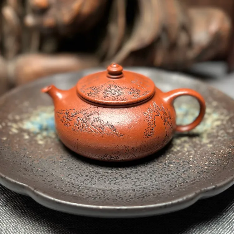 宜兴紫砂壶精工寒江壶130cc原矿红降坡纯手工刻绘山水中国风茶壶