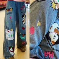 美式卡通刺绣牛仔裤裤子女款2025冬季新款宽松显瘦阔腿直筒裤长裤