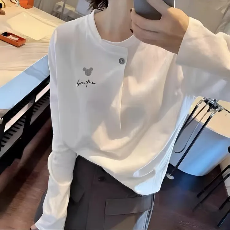 欧货春秋内搭外穿必买棉质大码一粒扣设计感长袖上衣女显瘦打底衫
