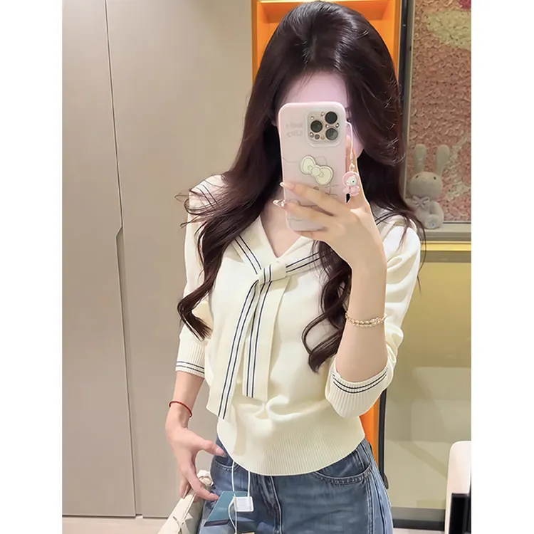 美式学院风撞色海军领针织衫女轻熟风简约气质显瘦披肩翻领毛衣潮