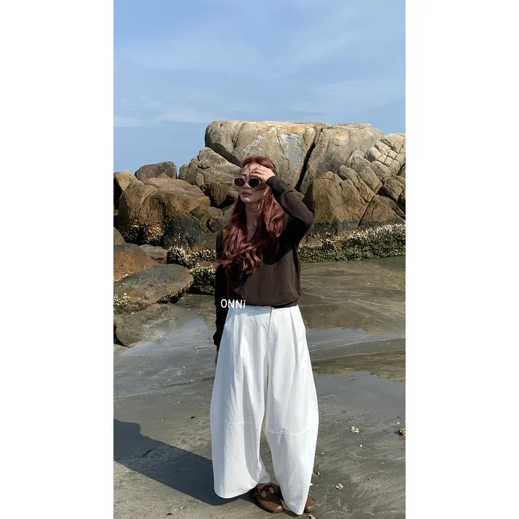 韩系九分裤纯棉秋款极简显瘦风宽松纯色休闲裤老钱风半松紧#8376