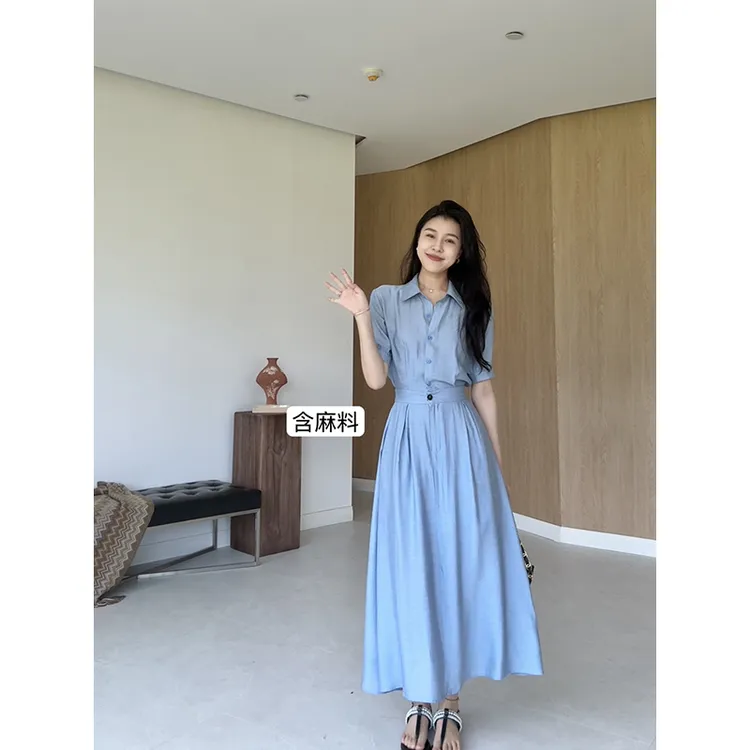 张阿星【蓝岛梦境】韩系翻领温柔显白气质收腰百褶大裙摆长连衣裙 