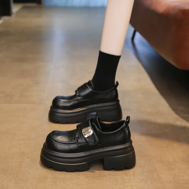 真皮厚底乐福鞋女春秋2025新款小个子增高魔术贴单鞋乐福鞋女