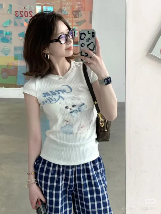 2025春夏新款复古蝴蝶结小猫咪正肩t恤短袖女修身上衣百搭格子裤