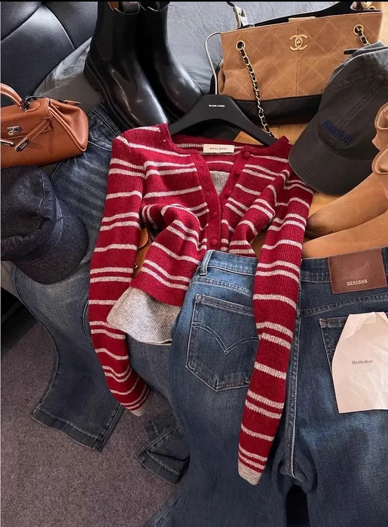 胖MM2025冬季新款洋气复古风百搭显瘦条纹假两件设计感针织衫毛衣