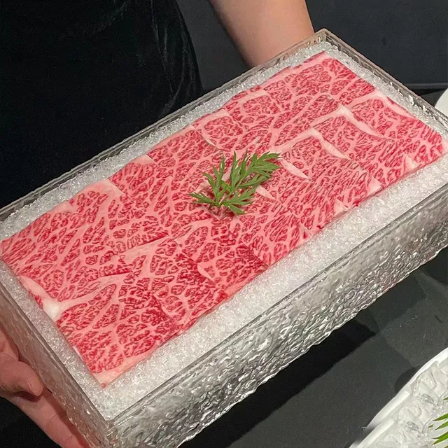 透明长方盒火锅店雪花和牛盘子日式创意烤肉料理刺身冰盘海鲜拼盘