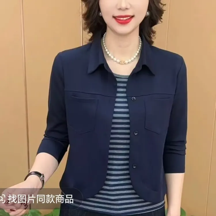 秋季新款时尚翻领假两件洋气妈妈装修身显瘦休闲长袖上衣K2589