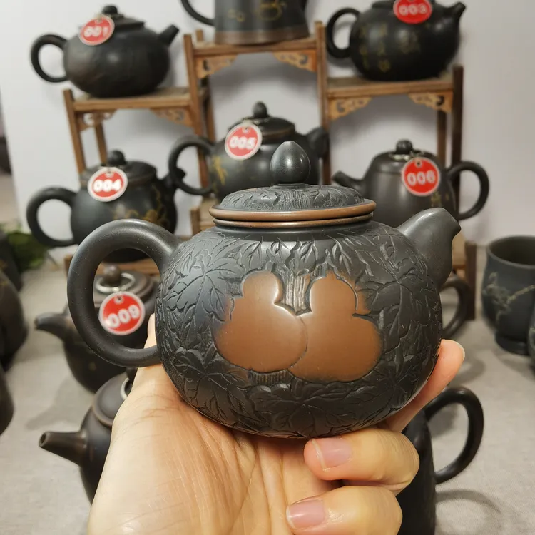 钦州坭兴陶手工茶壶家用 泡茶茶具 300ml 满雕葫芦