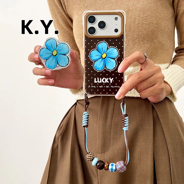 棕底蓝花适用于苹果17带支架磁吸挂绳手机壳华为斜挎手提防摔硬壳