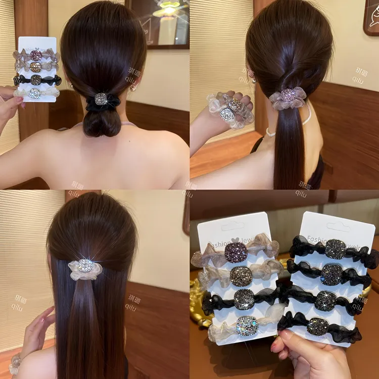 高级感网纱方钻发圈女简约百搭头绳气质成人扎马尾发绳橡皮筋发饰